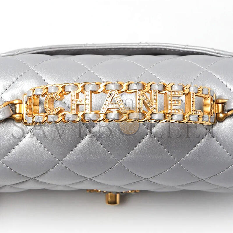 Ch**el silver quilted lambskin leather strass on top mini flap bag as4362 (20*13*6cm)